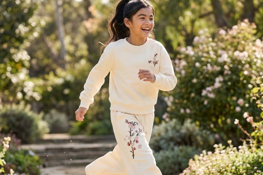 A happy child running outdoors in a Suviara Little outfit